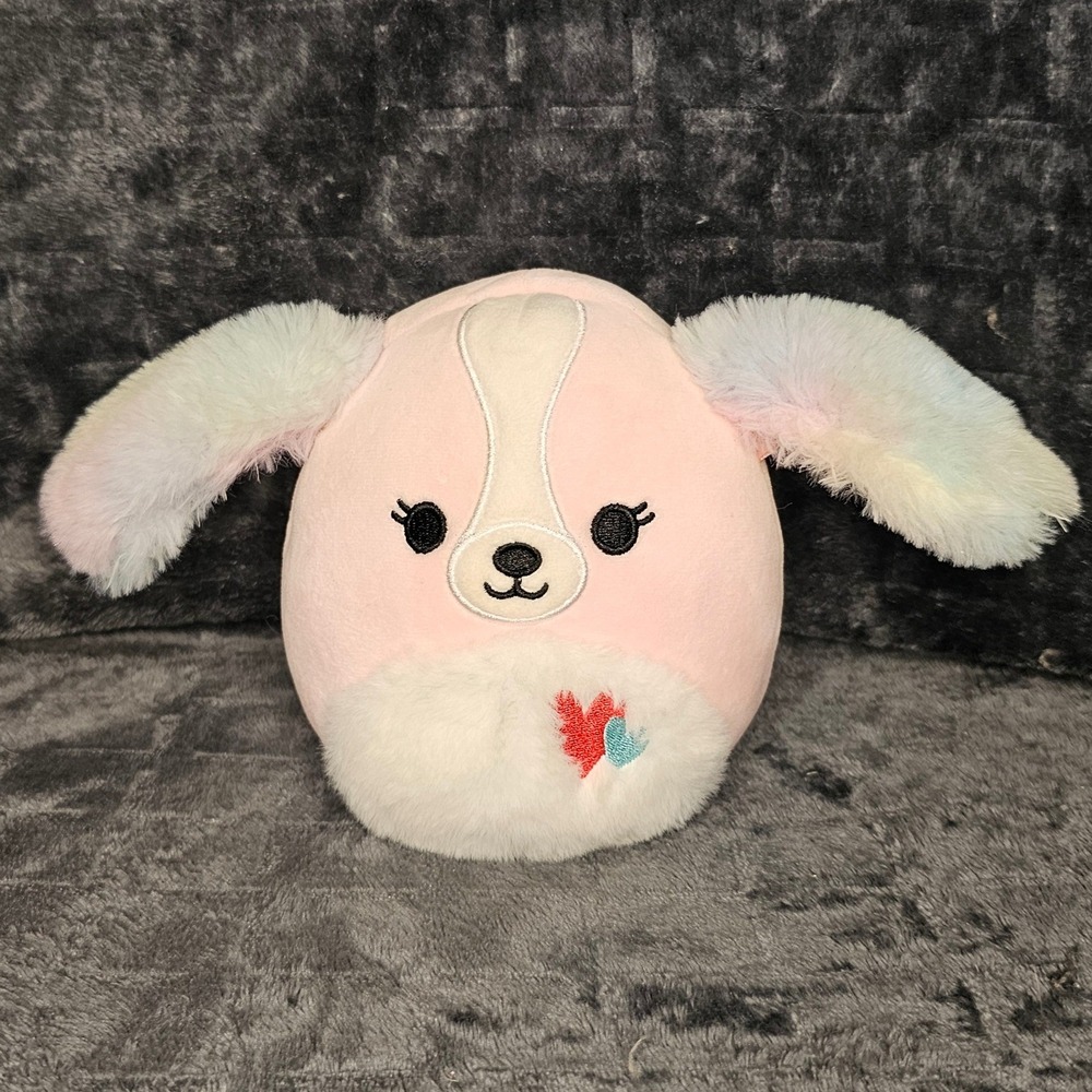 Squishmallows Beemie the Dog 5" Plush Pink Valentine Heart Rainbow Shaggy Ears